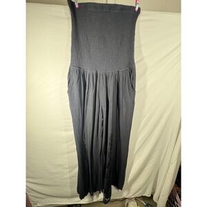 Venus Black Smocked Strapless Wide Leg Jumpsuit Lace Slit Pockets Size M